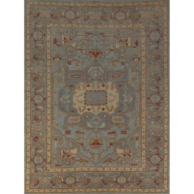 Hand Knotted Oriental 100% Wool Carpet Transitional Medallion Navy Blue & Blues Oushak Area Rug - 9' 10'' X 8' 5''