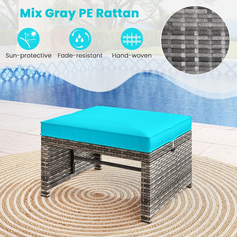 PE Rattan Outdoor Ottomans with Cushions, Footrest Seats or Tables - 16" L x 19" W x 9.5" H