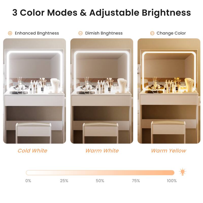 Vanity table with LED-lit mirror with power outlet and hairdryer shelving