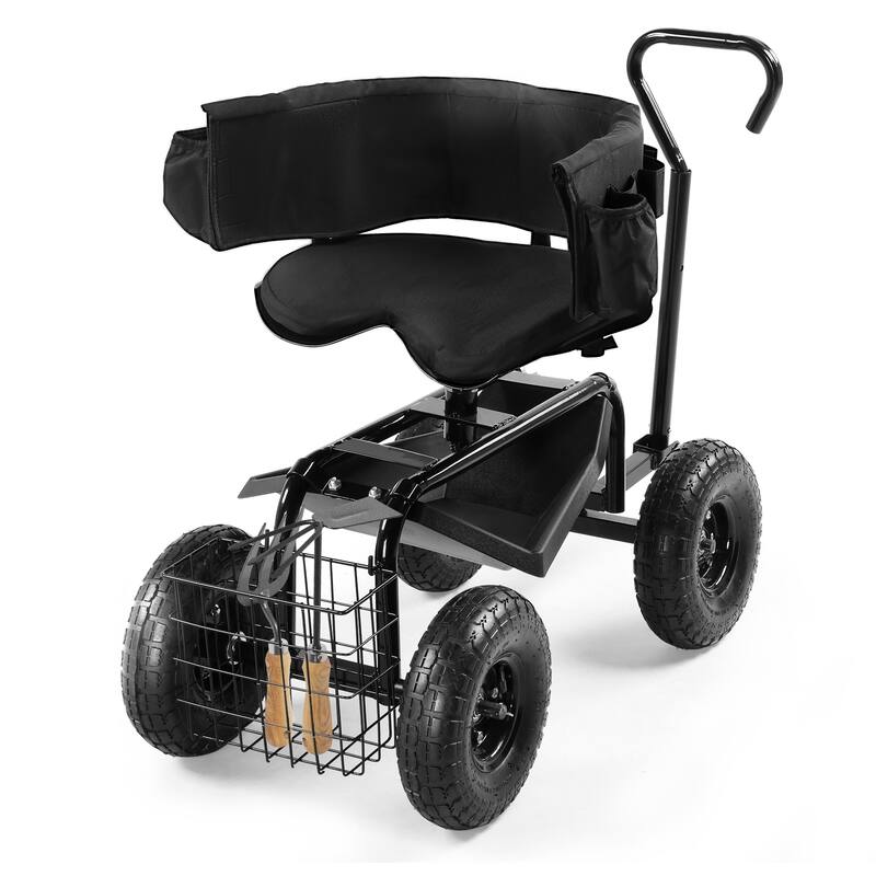 Rolling Garden Cart with Cushioned 360° Swivel Seat, Extendable Handle, Inflatable Wheels - 35" x 29.1" x 23.6"