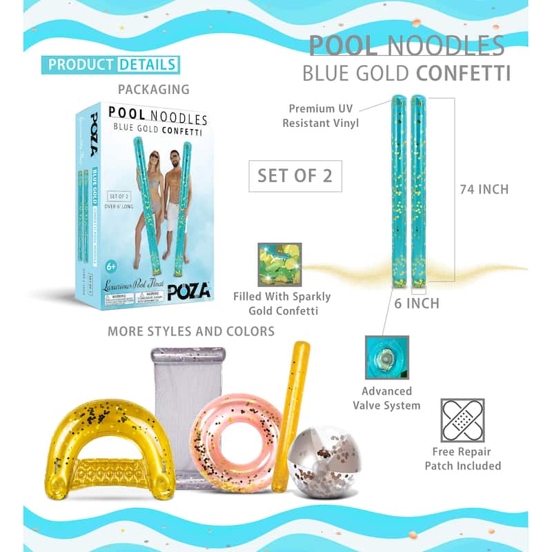 POZA 2 Pack Jumbo Inflatable Pool Noodle Floats - Blue Gold - 74 inch - 74 inches