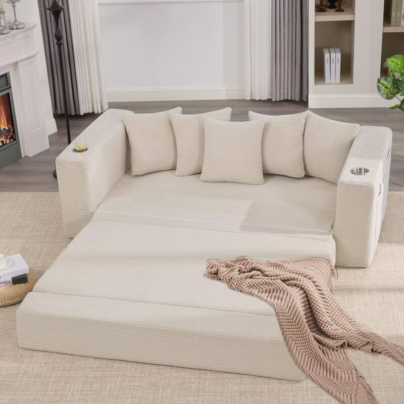 2-in-1 Convertible Sleeper Sofa, Floor Folding Couch, Sofa Bed with Side Pocket, Pull Out Loveseat with Cup Holders