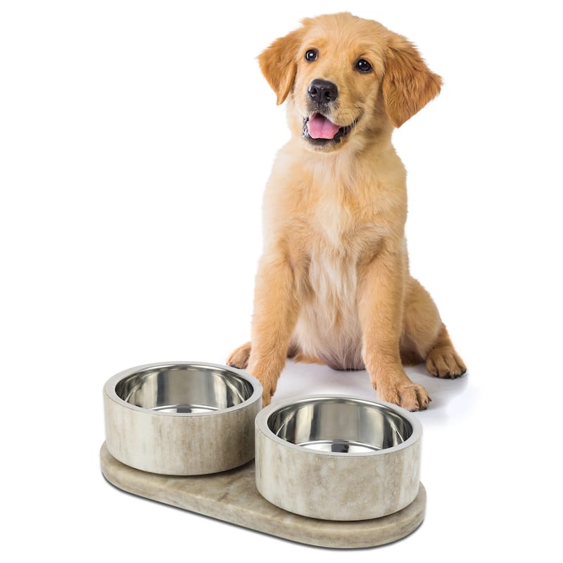 Marbre 12oz Double Pet Bowl Set - Marble & Stainless Steel with Non-Slip Tray - Gray/Brown