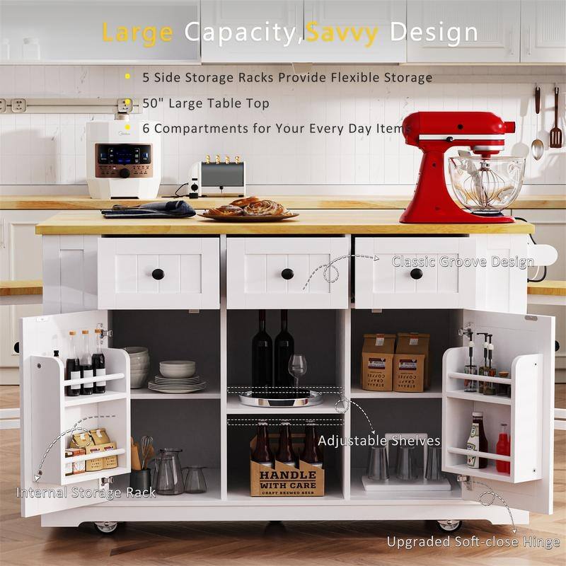 3-Piece/1 Piece Kitchen Island Set with/without 2 Bar Stools, Kitchen Cart on Wheels with 3 Drawers, Drop Leaf & Open Side Racks
