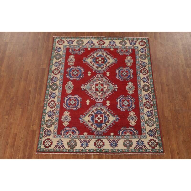 Red Geometric Kazak Area Rug Hand-Knotted Oriental Wool Carpet - 5'5" x 6'5"