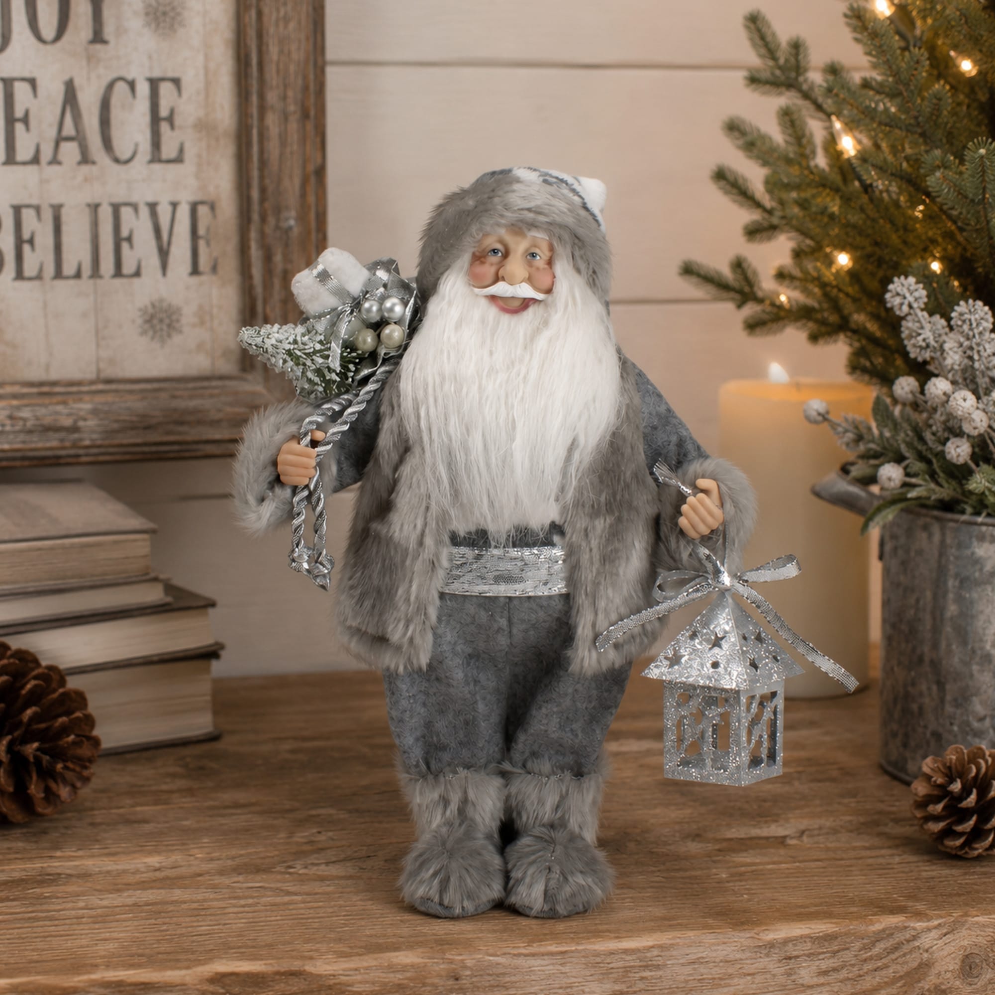 12" Gray White Standing Santa Claus Christmas Figurine Bag Lantern