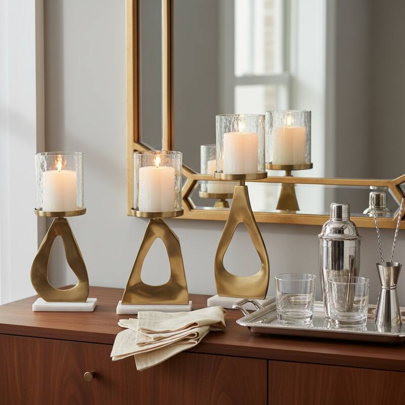 Candle Holders Set of 3 - Metal Marble Base, 13/15" - Gold/ Metallic - 15.25"