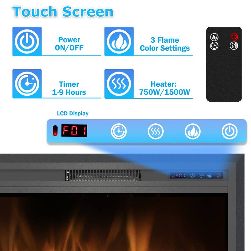 25" Electric Fireplace Insert with Multi-Color Flame, 750/1500W, Black