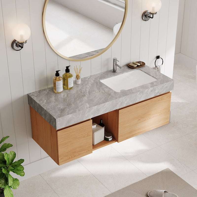 48" Mid Century Single Bathroom faux marble Vanity with Top, Solid Wood, Floating Vanities for Bathroom - 47.6" x 19.6"