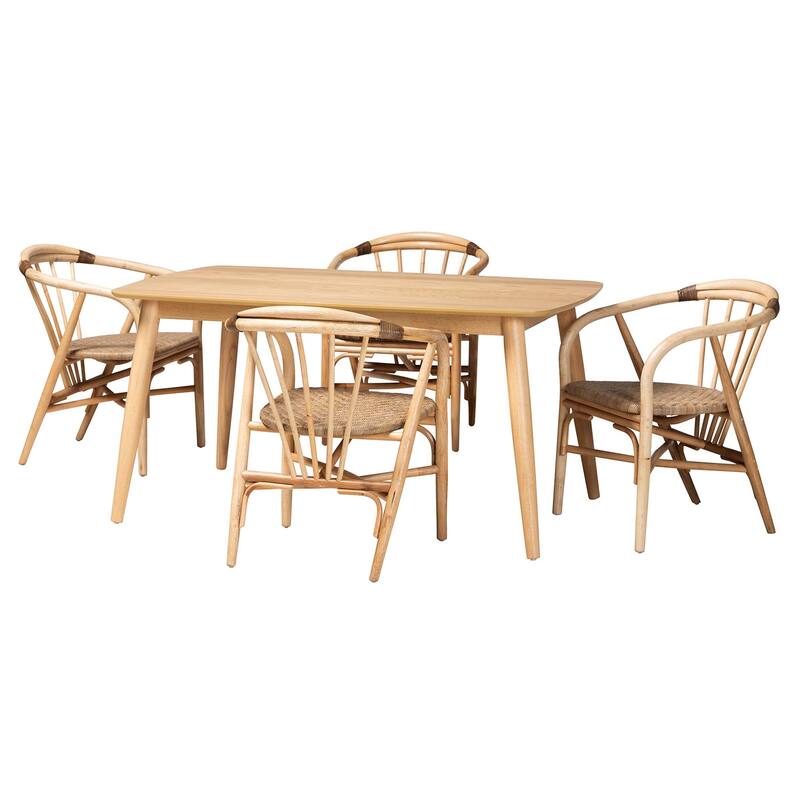 Kyoto Modern Bohemian Natural Brown Finished Wood and Rattan 5-Piece Dining Set - 5-Piece - Natural Brown