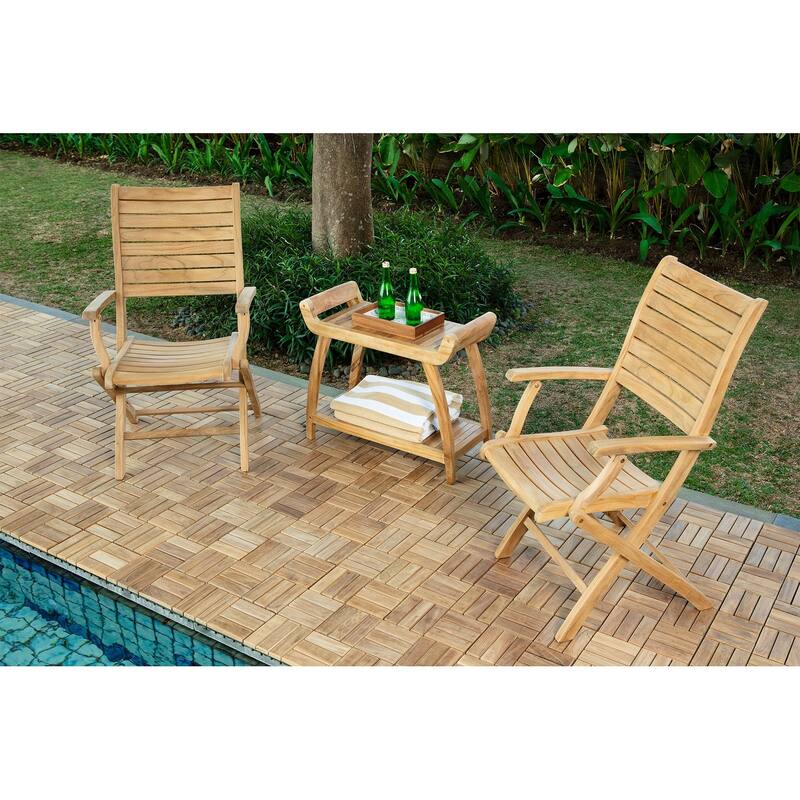 Nordic Style Natural Teak Wood Outdoor Folding Dining Chair with Arm Rests - N/A - Beige
