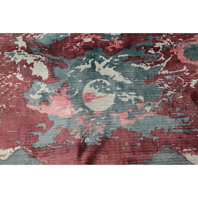 Hand Knotted Oriental Viscose Silk Carpet Modern Pictorial Green Abstract Area Rug - 7' 10'' X 5' 8''