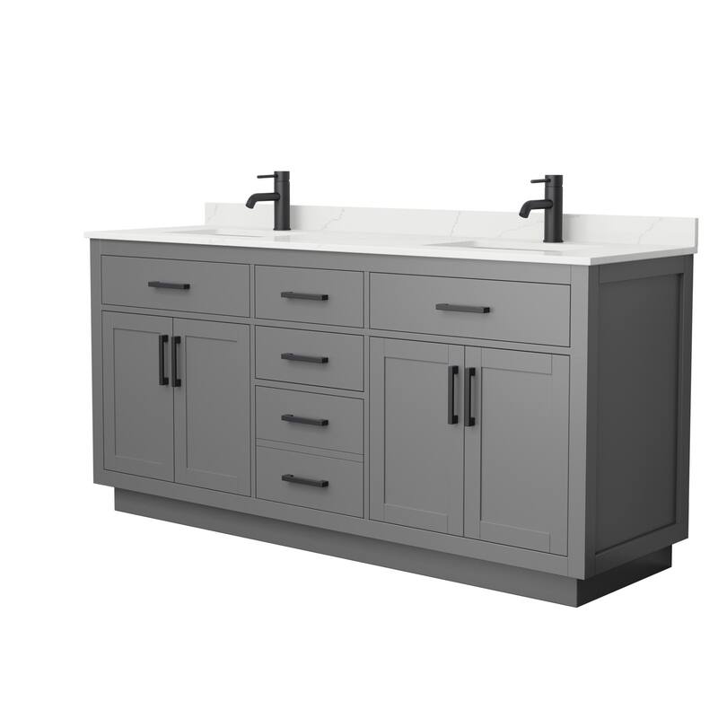 Beckett TK 72-inch Double Vanity, Single Hole Quartz Top - Dark Gray, Black Trim, Giotto Quartz Top