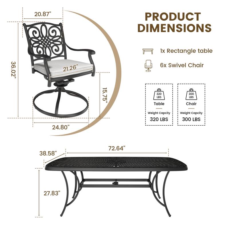 Clihome Outdoor Dining Set 7-piece Cast Aluminum Dining Table Set