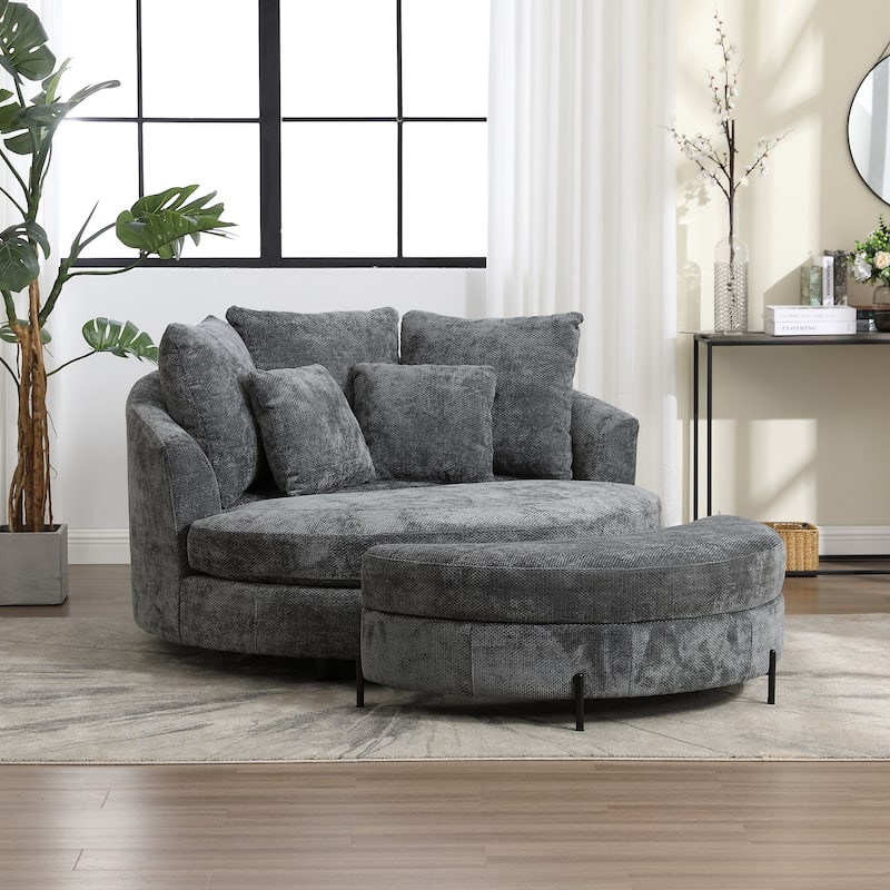 Modern Sofa Chair Round Accent Barrel Chair With 5 Pillows and Storage Ottoman - Set/Charcoal/Chenille