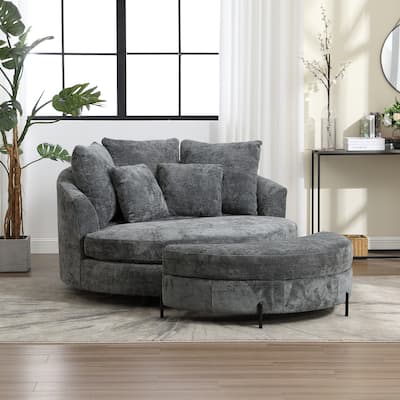 Modern Sofa Chair Round Accent Barrel Chair With 5 Pillows and Storage Ottoman