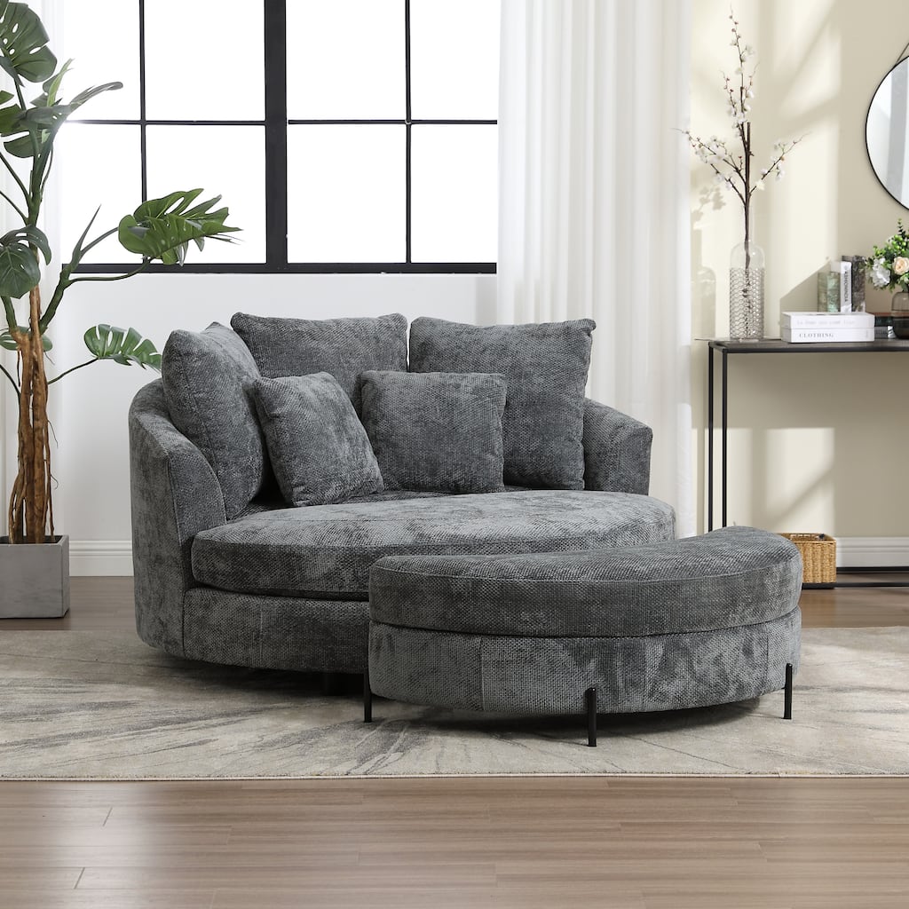 Modern Sofa Chair Round Accent Barrel Chair With 5 Pillows and Storage Ottoman