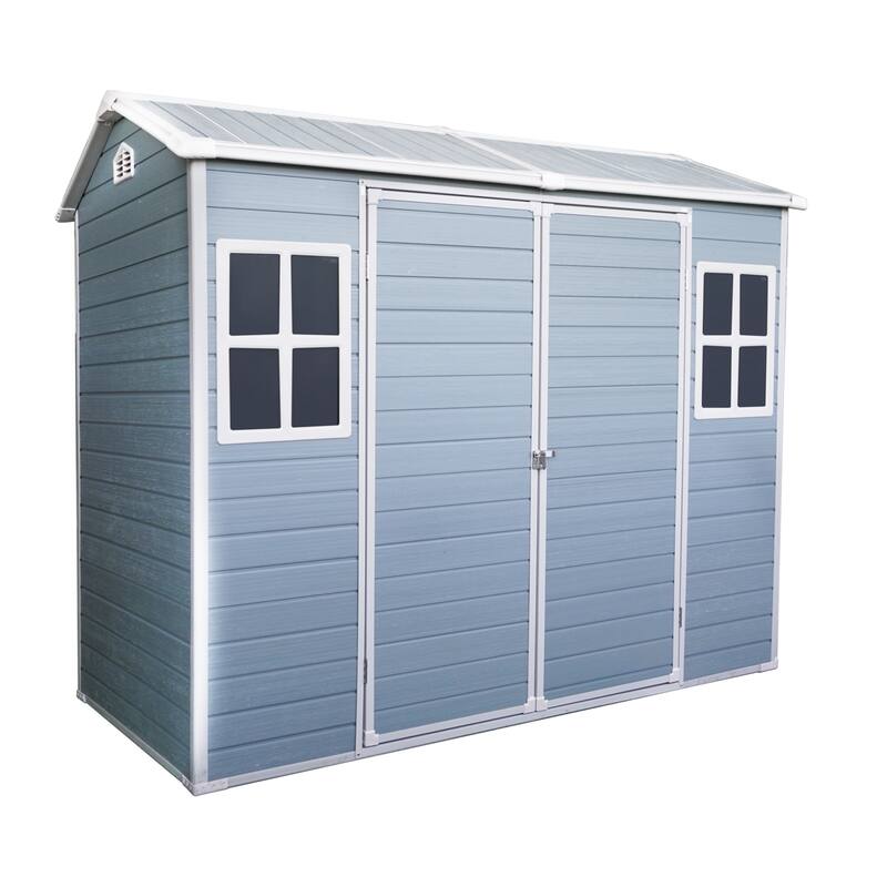 8ft x 4ft Outdoor Storage Shed – Plastic Shed with Two Windows, Double Doors & Floor for Garden, Patio, Yard & Lawn