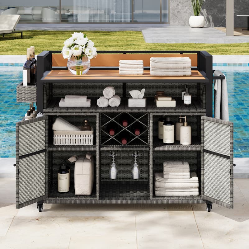 52.8"W Wicker Outdoor Grill cart with Extended Plastic Wood Table Top, Rolling Kitchen Island on Wheels with Storage Cabinet