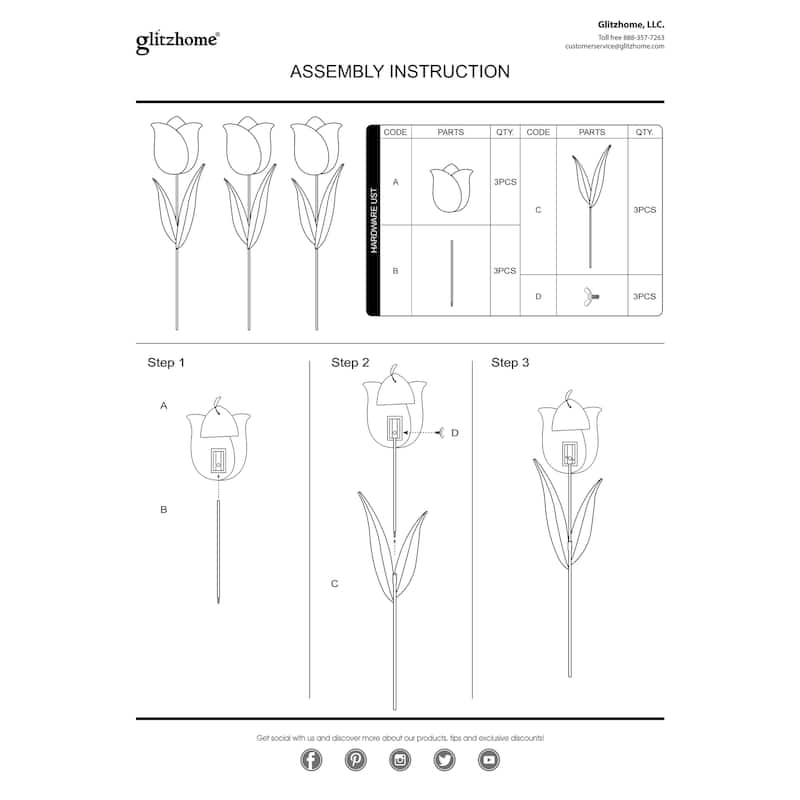 Glitzhome 24"H Easter Metal Tulips Yard Stakes Garden Decor(Set of 3) - 24"