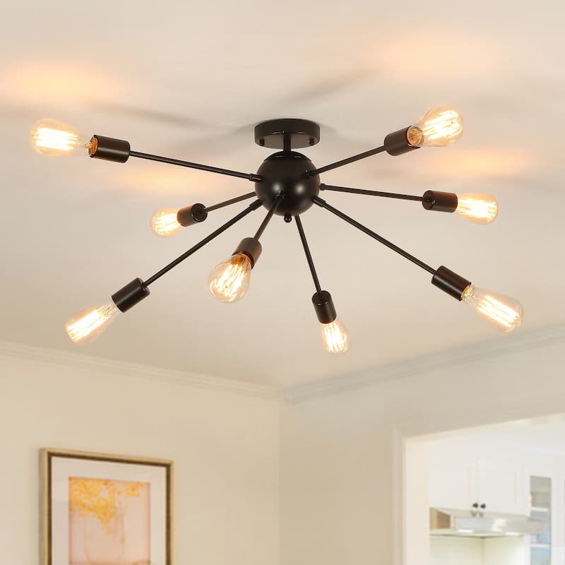 8-Light Sputnik Semi Flush Mount Chandelier for Bedroom Living Room - Black