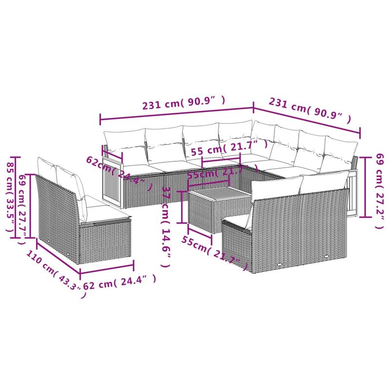 vidaXL 11/12 Piece Patio Sofa Set with Cushions Black/Gray Poly Rattan - 21.7 x 24.4 x 27.2