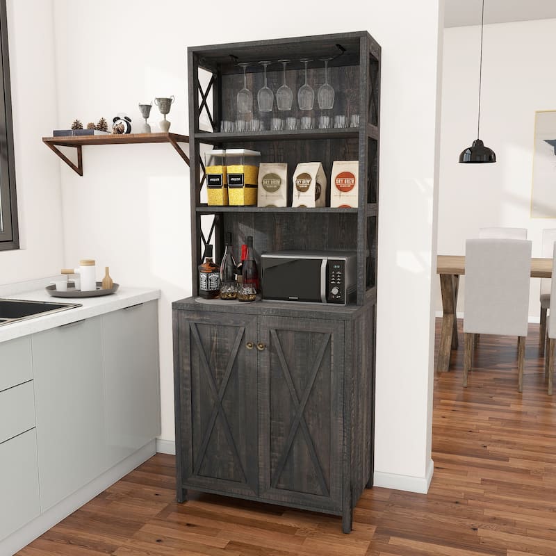 67" Tall Farmhouse Kitchen Coffee Bar Cabinet with Adjustable Shelves - Rustic Oak