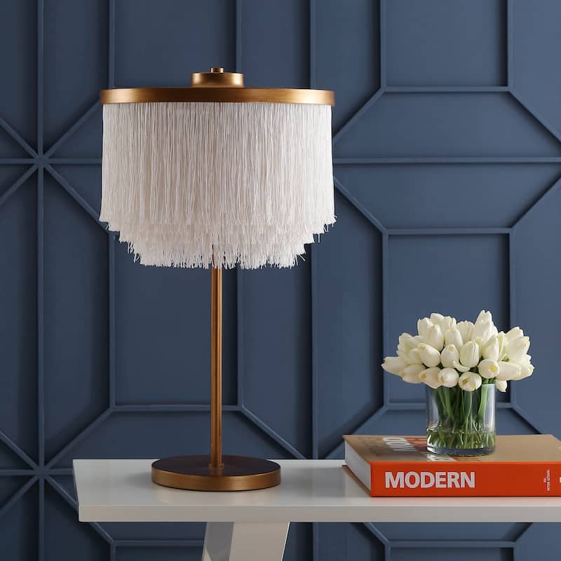 Adam 27.5" Fringed/Metal LED Table Lamp, Gold/White by JONATHAN Y