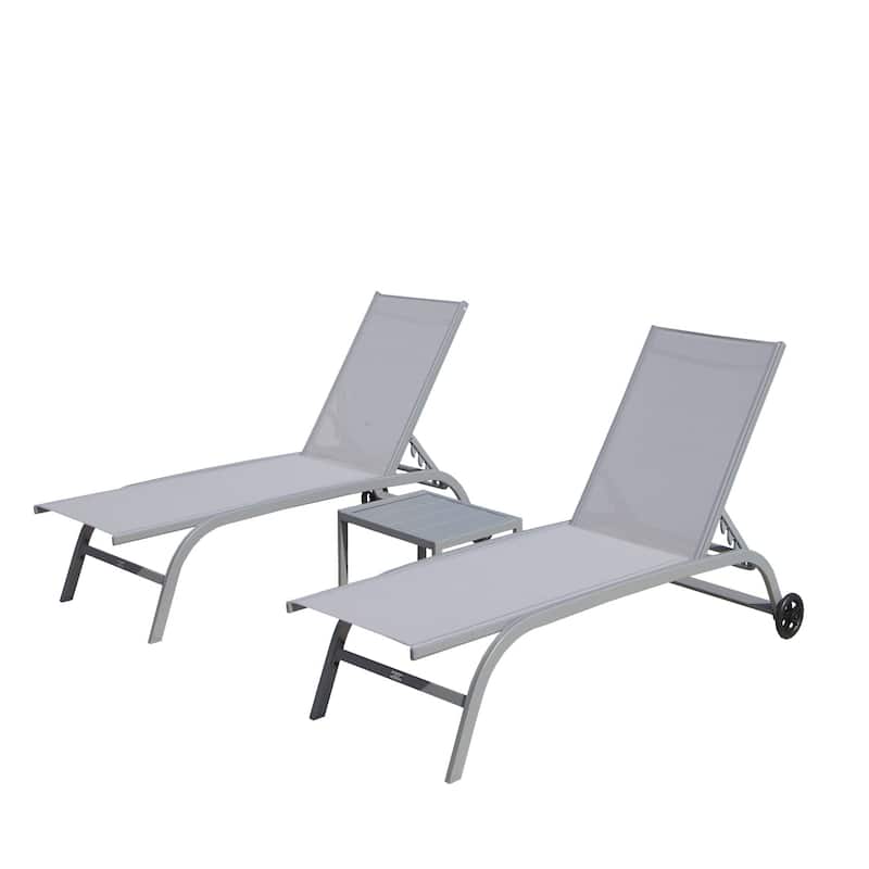 5 Adjustable Aluminum Outdoor 2 Chaise Lounge Chair with Wheels and 1 Table in Blue