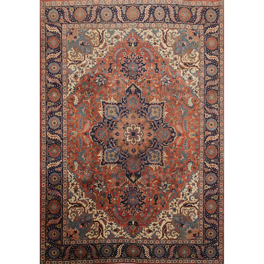 Hand Knotted Oriental 100% Wool Carpet Traditional Medallion Oranges & Rust Heriz Area Rug - 11' 11'' X 9' 3''