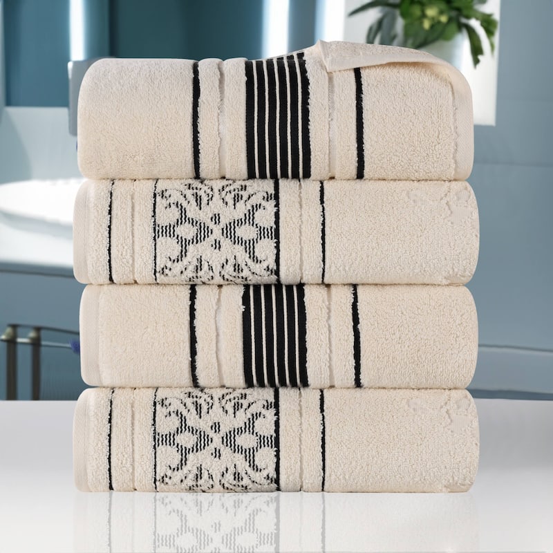 Superior Sadie Zero Twist Cotton Solid and Floral Bath Towel Set of 4 - Ivory
