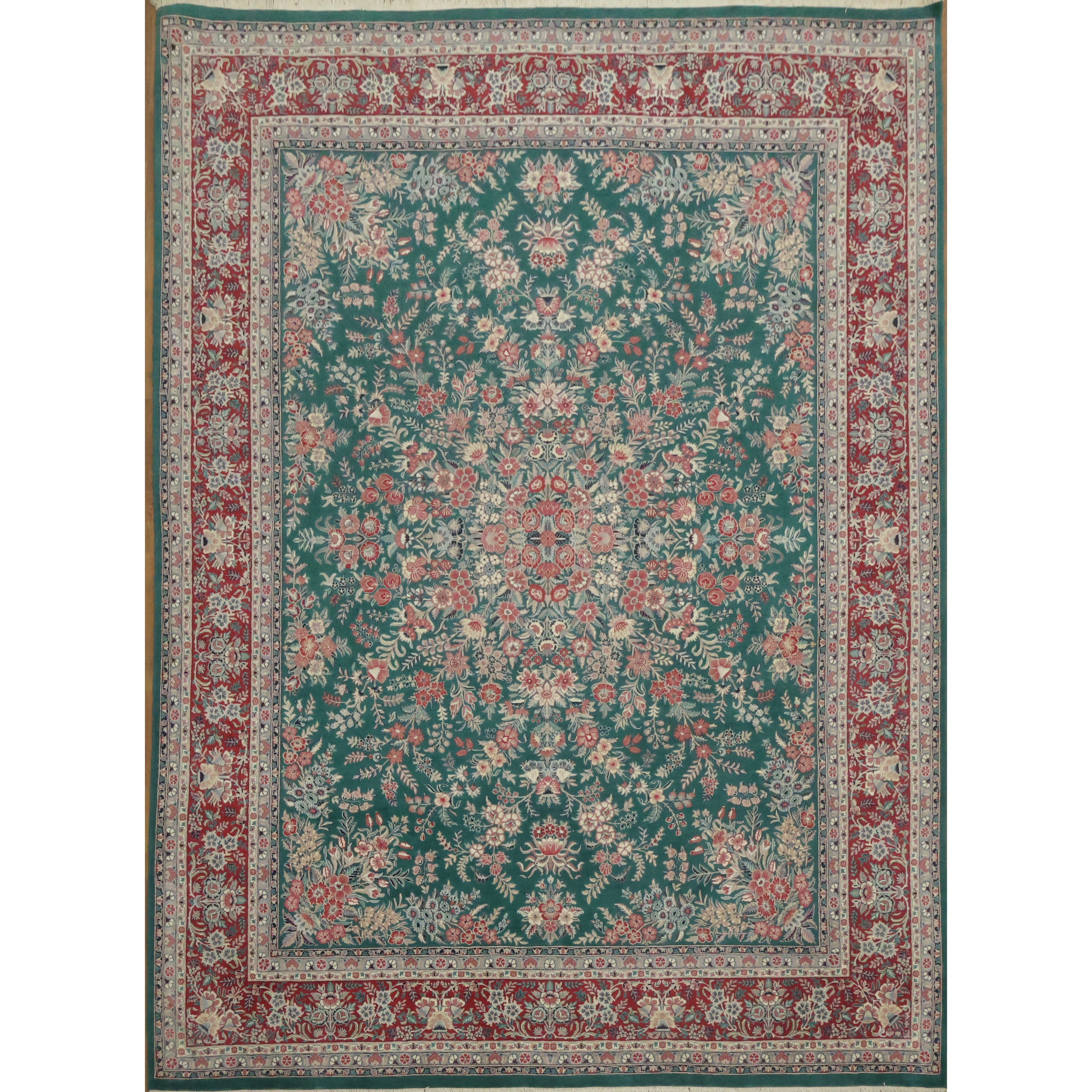 Hand Knotted Oriental 100% Wool Carpet Traditional Floral Green Kashan Area Rug - 12' 3'' X 9' 0''