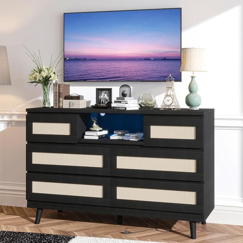 Natural Rattan Dresser for Bedroom with LED Light and Charging Station
