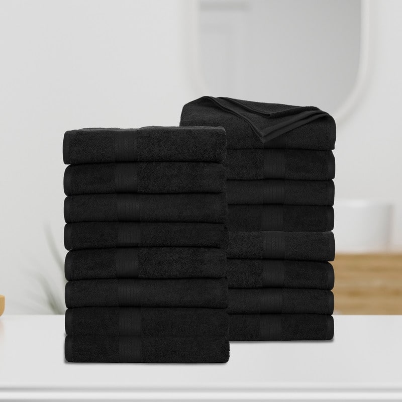 Cotton 600 GSM Highly Absorbent Bath Towels 30x54 Inch by Ample Decor - 16 Piece - Black