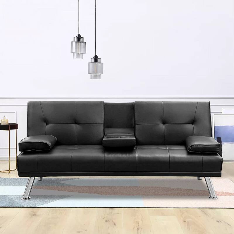 Futon Sofa Bed, Modern Faux Leather Convertible Folding Lounge Sofa for Living Room with 2 Cup Holders Removable Soft Armrests - Black