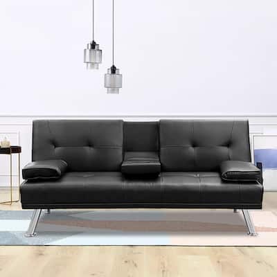 Futon Sofa Bed, Modern Faux Leather Convertible Folding Lounge Sofa for Living Room with 2 Cup Holders Removable Soft Armrests