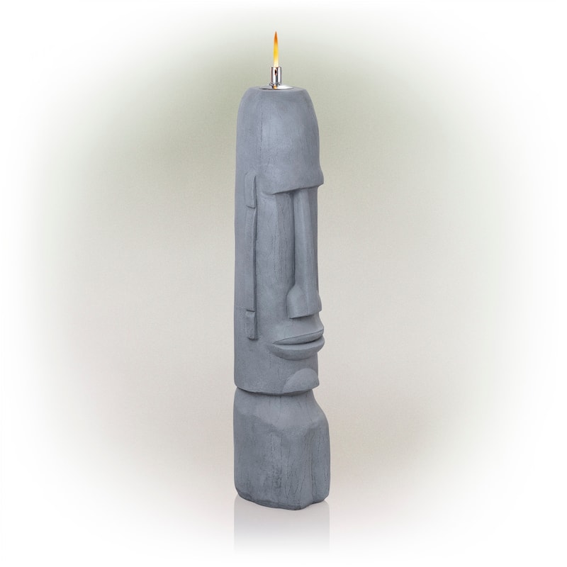Alpine Corporation 41" Tall Indoor/Outdoor Cement Moai Head Statue with Oil Torch Lamp