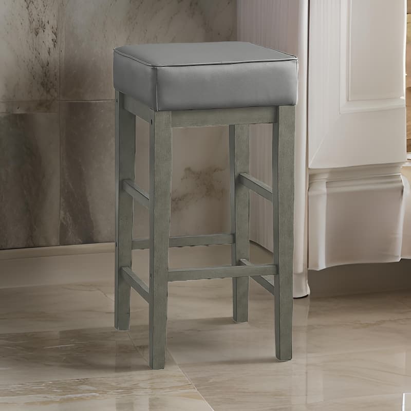 Vin 31 Inch Counter Height Stool, Gray Faux Leather Seat, Solid Wood Frame