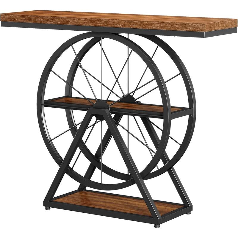 39.4" Industrial 3-Tier Console Table with Fixed Wheel Base for Living Room, Hallway, Foyer, Rustic Brown