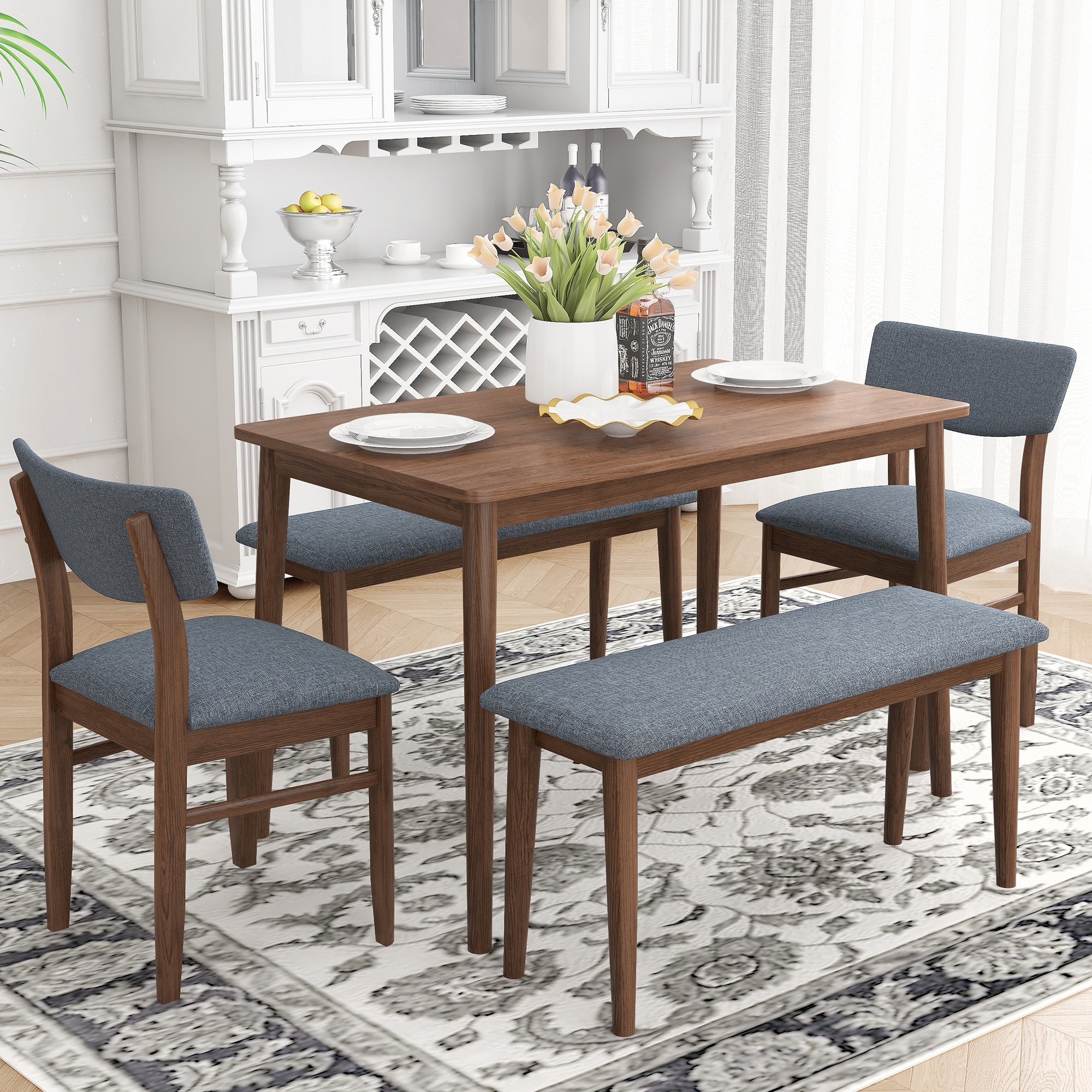Modern Rubber Wood 5 Piece Dining Set with 2 Benches and Cushion