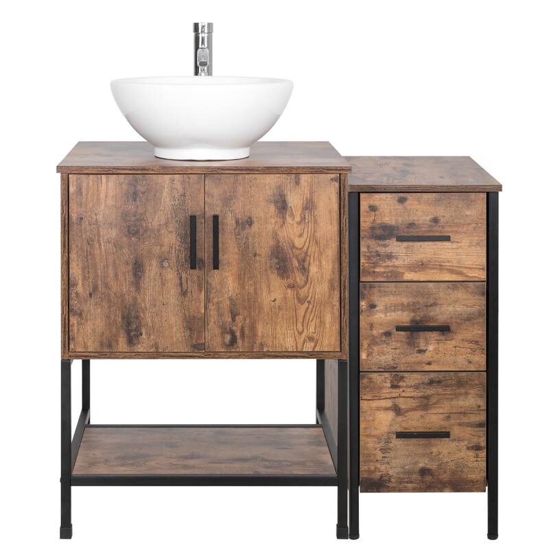 36" Bathroom Vanity Set Organizer Top Vessel Sink W/ Faucet Drain Cabinet Combo