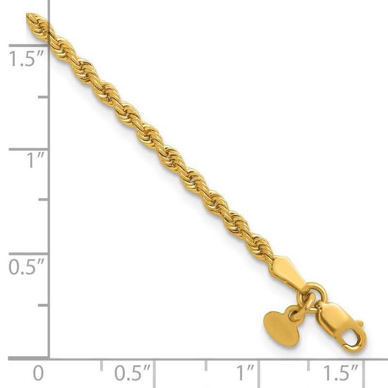 Curata 14k Yellow Gold 7" 2.5mm Solid Rope Chain Bracelet for Women