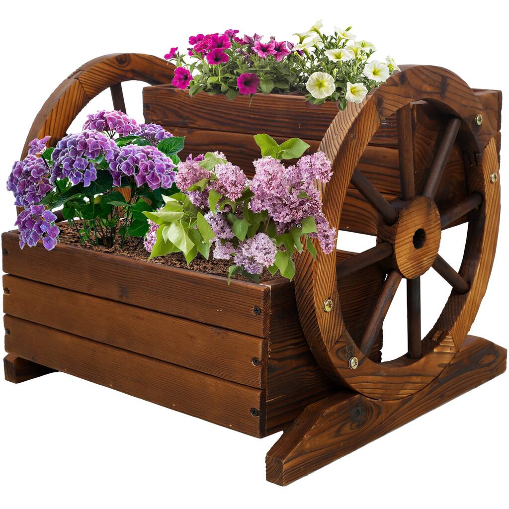 Wooden Wagon Planter with Wheels,Indoor Outdoor Garden Cart for Flower