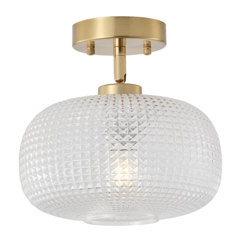 Modern Copper Tone Electroplated Metal White Jade Glass One Light Flush Mount Ceiling Light 9.8 Inch Diameter