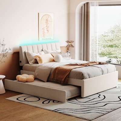 Roomfitters Full/Queen Size Upholstered Platform Bed with Twin Trundle, Cozy Teddy Fleece Fabric