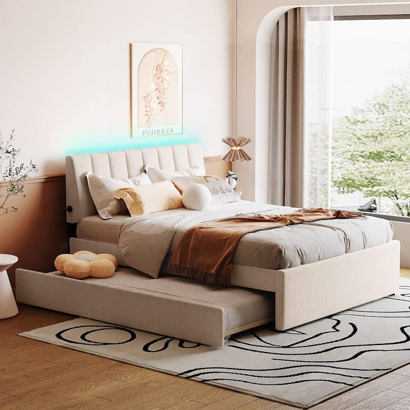 Teddy Fleece Upholstered Platform Bed with Trundle and Smarter LED,Twin/Full/Queen Size - Beige - Full