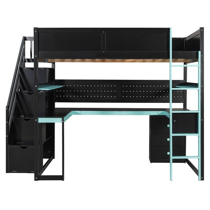 Gaming Loft Bed with Recessed Table Cabinet Pegboard Storage Stairs