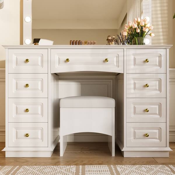 Makeup Vanity with 10 Hollywood Bulbs, 3 Color Lighting Modes, Classic Dressing Table with Cushioned Stool and 9 Storage Drawers - Bed Bath & Beyond
