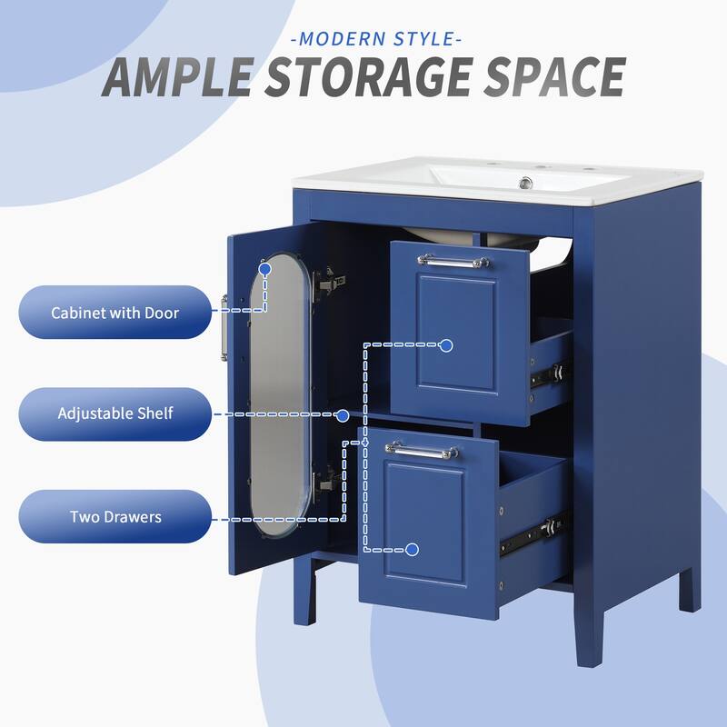 Freestanding Vanity for Bathroom with Ceramic Sink, Glass Cabinet Door, Drawers, Acrylic Bar Handles and Adjustable Shelf