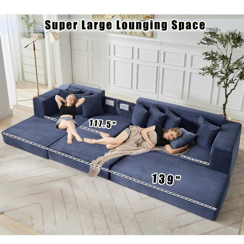 Floor Sleeper Sofa Bed Convertible L-shaped Modular Sectional Couch with Chaise, Corduroy Compression Sofa with Side Pockets
